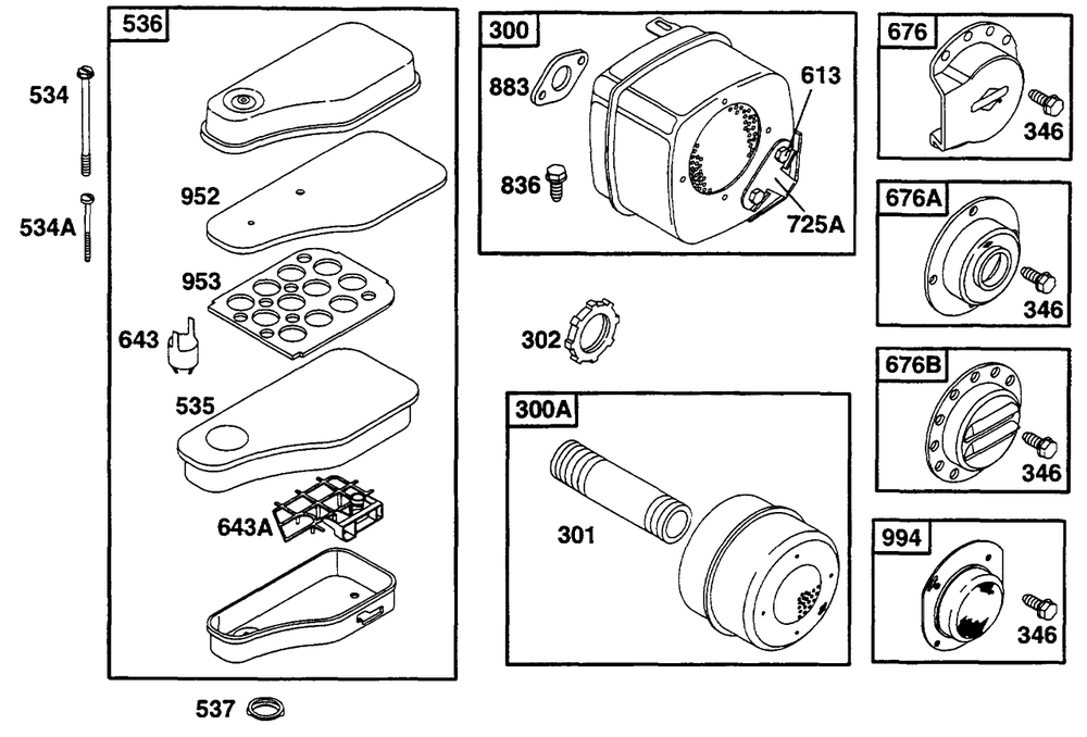 Air Cleaner Grp, Muffler Grp Diagram and Parts List for 255707-0124-XX  Briggs and Stratton Engine
